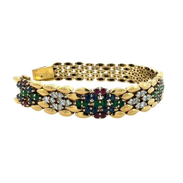 Vintage Diamond, Emerald, Sapphire and Ruby Bracelet in 18 kt Yellow Gold