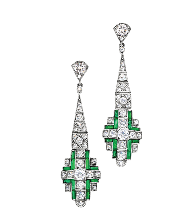 Old Mine Cut Diamond and Emerald Drop Earrings in Platinum