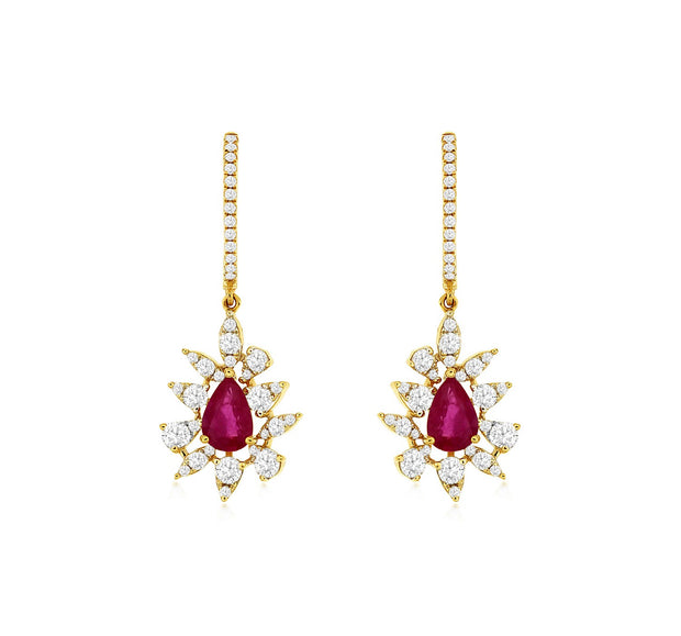 Ruby and Diamond Drop Earrings in 14 kt Yellow Gold