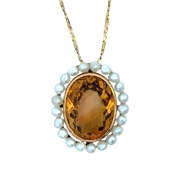 Antique Citrine and Pearl Pendant in 14 kt Yellow Gold