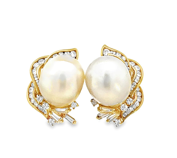 11.5-14.0 mm South Sea Pearl and Diamond Earrings in 14 kt Yellow Gold