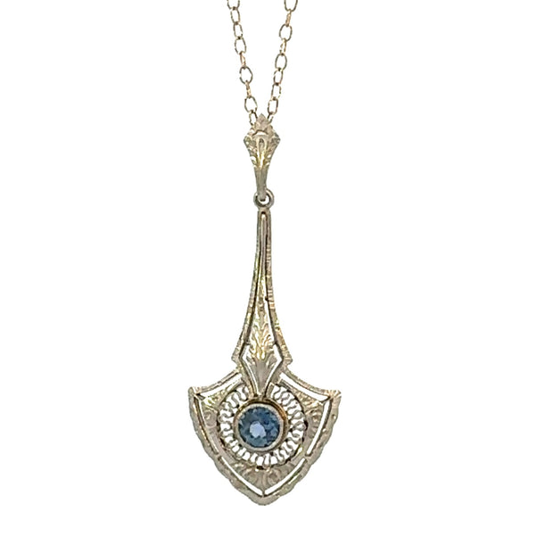 Art Deco Sapphire and Filigree Pendant in 14 kt Yellow and White Gold