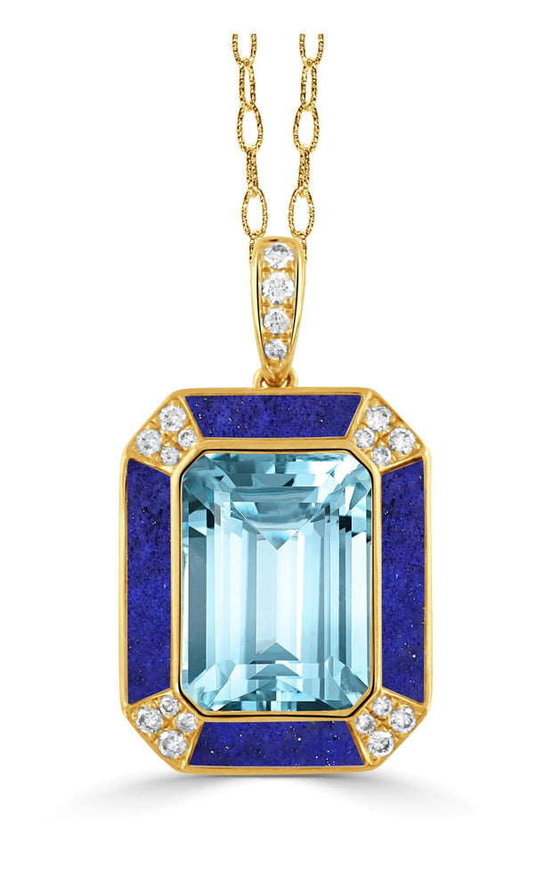Blue Topaz, Lapis and Diamond Necklace in 18 kt Yellow Gold