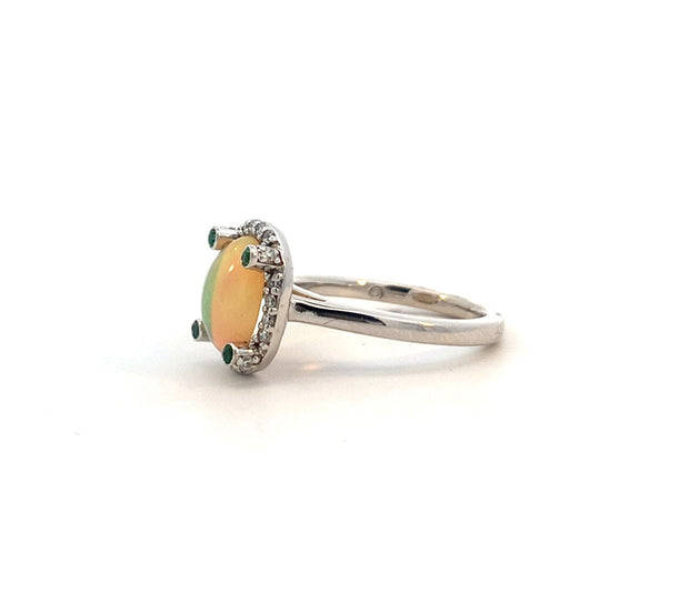 Opal, Tsavorite Garnet and Diamond Ring in 14 kt White Gold