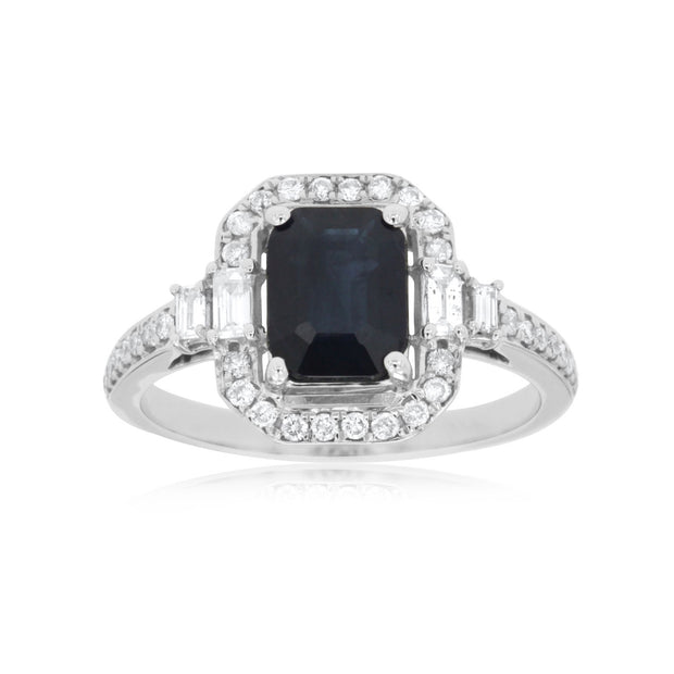 Emerald Cut Sapphire and Diamond Ring in 14 kt White Gold