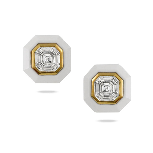 Doves by Doron Paloma Diamond and White Agate Earrings in 18 kt yellow gold