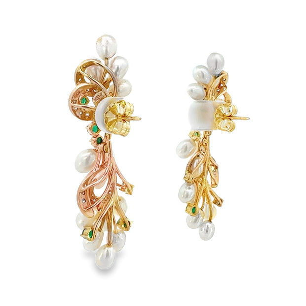 Vintage Pearl, Emerald and Diamond Earrings in 14 kt Yellow Gold