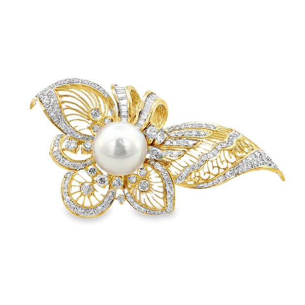 South Sea Pearl and Diamond Butterfly Brooch with Pin in 14 kt Yellow Gold