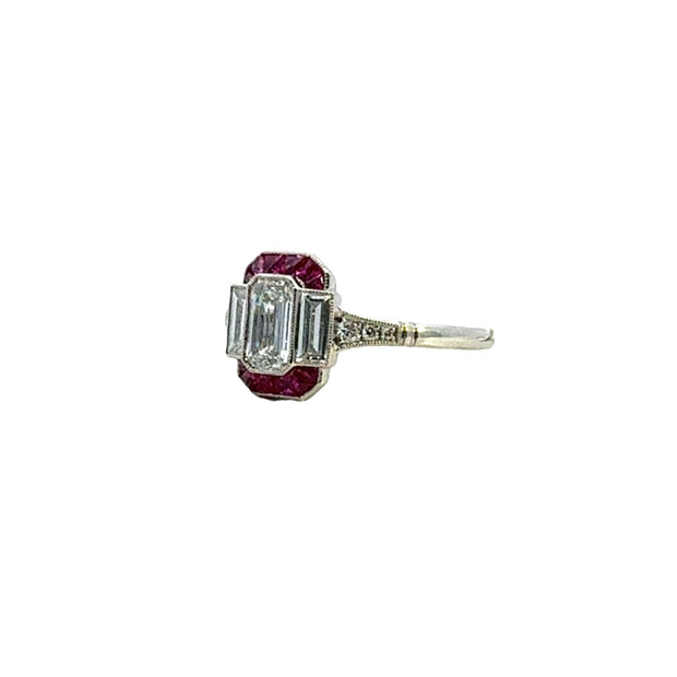 Art Deco Style Diamond and Ruby Ring in Platinum