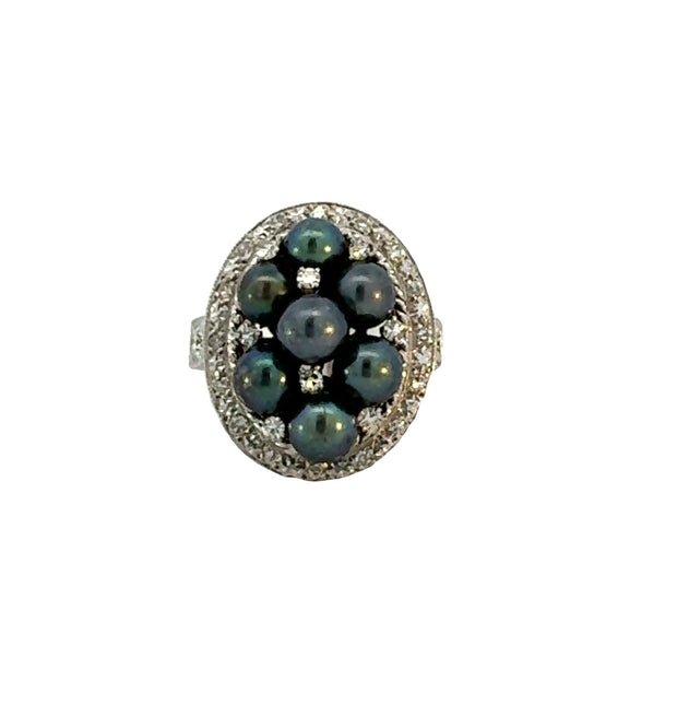 Vintage Black Pearl and Diamond Ring in 14 kt White Gold
