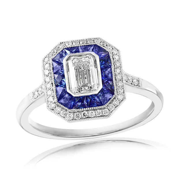 Art Deco Style Diamond and Sapphire Ring in Platinum