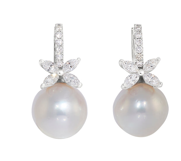 13-14 mm South Sea Pearl and Diamond Earrings in 18 kt White Gold