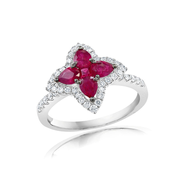 Ruby and Diamond Quatrefoil Style Ring in 18 kt White Gold