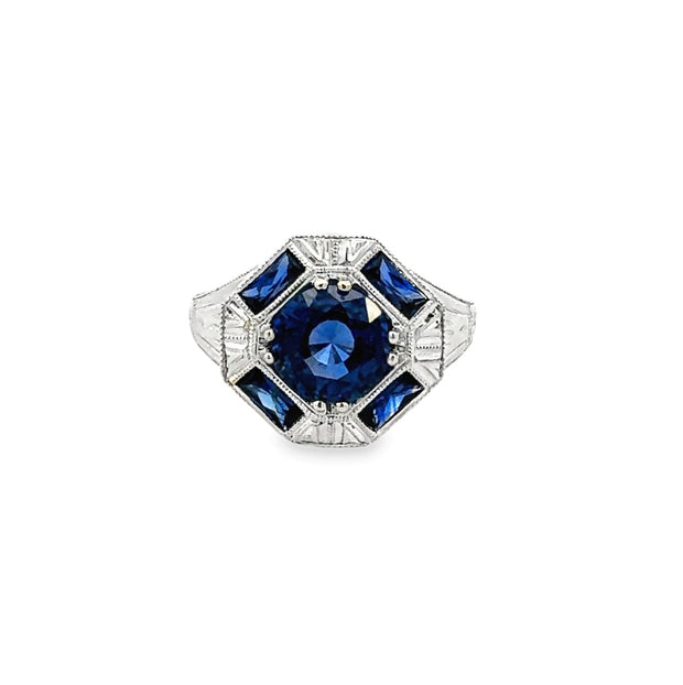 Art Deco Style Sapphire Ring in 14 kt White Gold