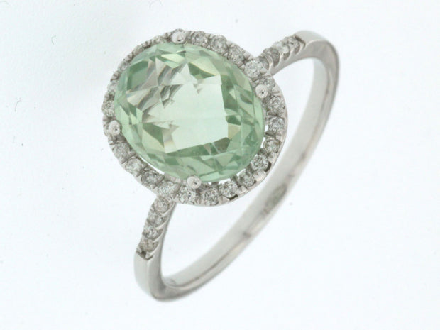 Green Amethyst and Diamond Halo Ring in 14 kt White Gold