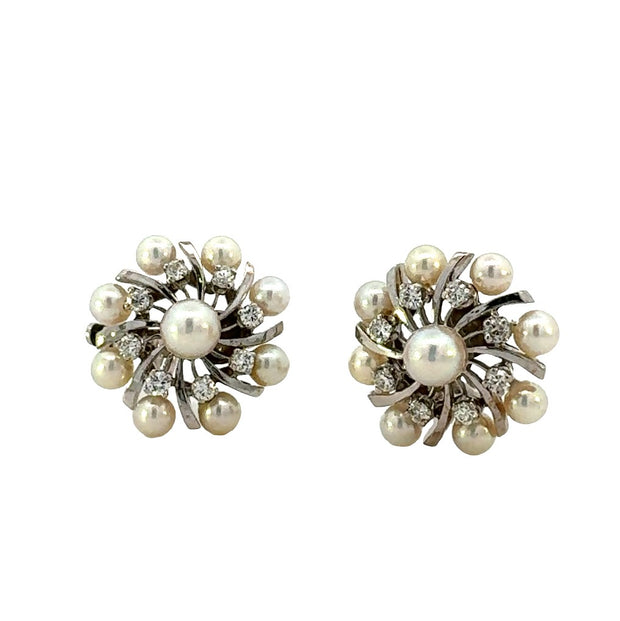 Vintage Pearl and Diamond Earrings in 14 kt White Gold