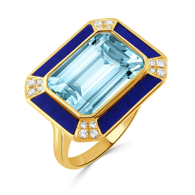 Blue Topaz, Lapis and Diamond Ring in 18 kt Yellow Gold