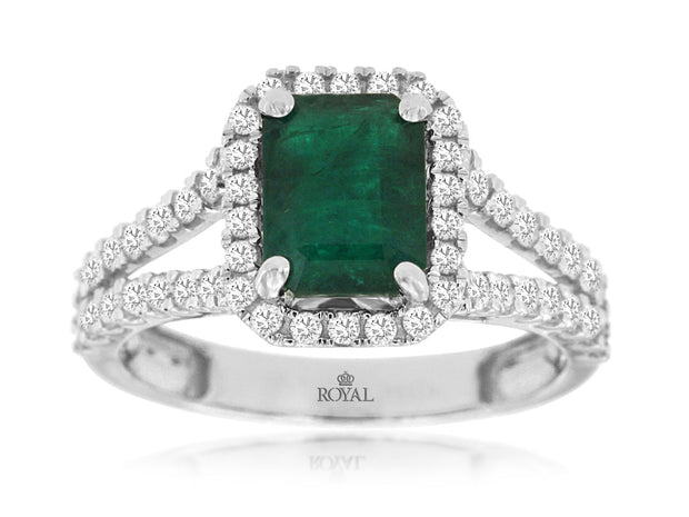 1.60 carat Emerald and Diamond Ring in 14 kt White Gold