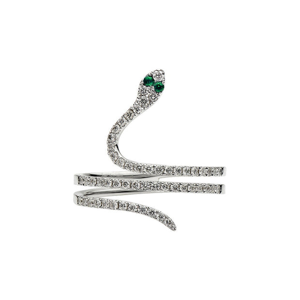 Diamond and Emerald Snake Ring in 14 kt White Gold
