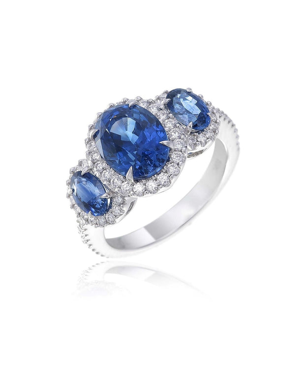 3 Stone Sapphire and Diamond Ring in 18 kt White Gold