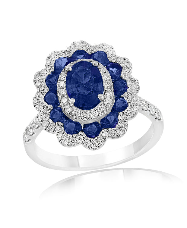Sapphire and Diamond Floral Style Ring in 18 kt white gold
