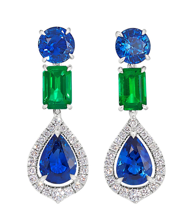 Sapphire, Emerald and Diamond Earrings in 18 kt White Gold