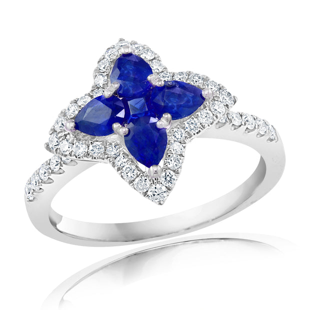Sapphire and Diamond Quatrefoil Style Ring in 18 kt white gold