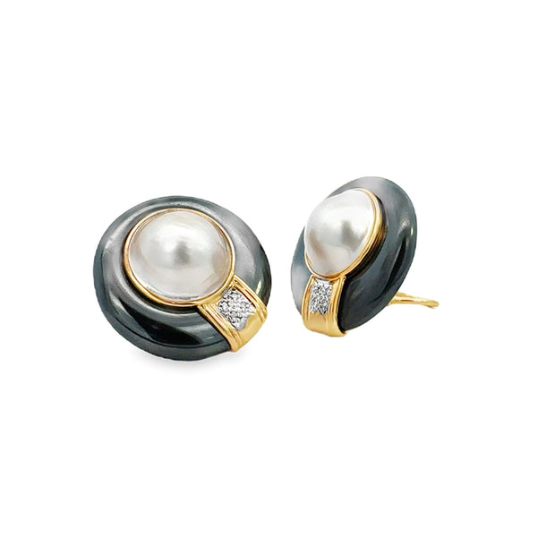Vintage Mazza Pearl, Hematite and Diamond Earrings in 14 kt Yellow Gold