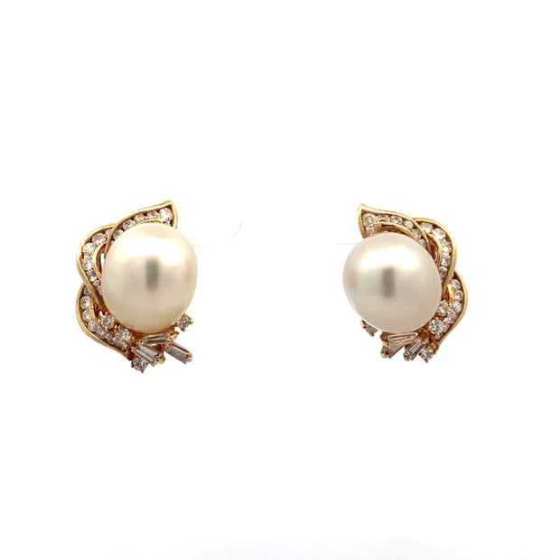 11.5-14.0 mm South Sea Pearl and Diamond Earrings in 14 kt Yellow Gold