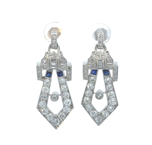 Antique Diamond and Sapphire Earrings in Platinum