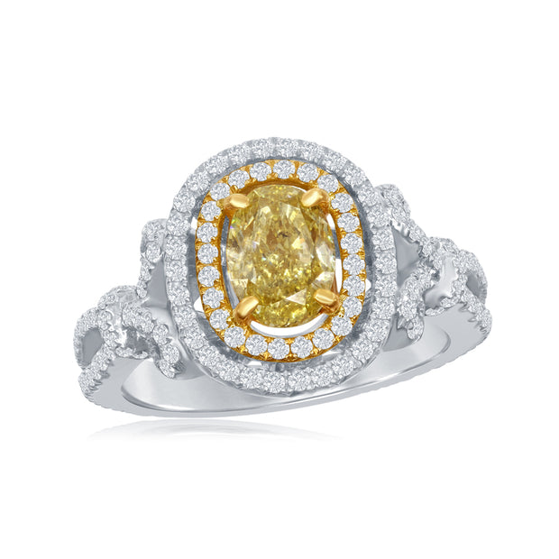 Fancy Yellow, Pink and White Diamond ring in 18 kt White and Yellow Gold
