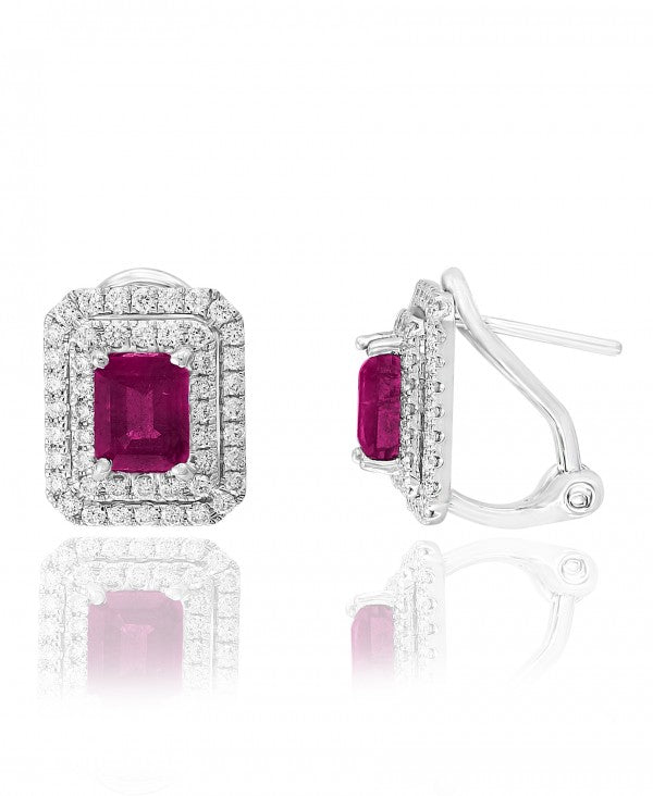 Ruby and Doubel Diamond Halo Earrings in 18 kt white gold