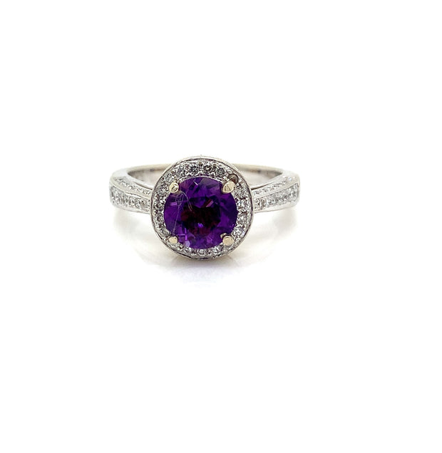 Amethyst and Diamond Halo Style Ring in 14 kt White and Yellow Gold