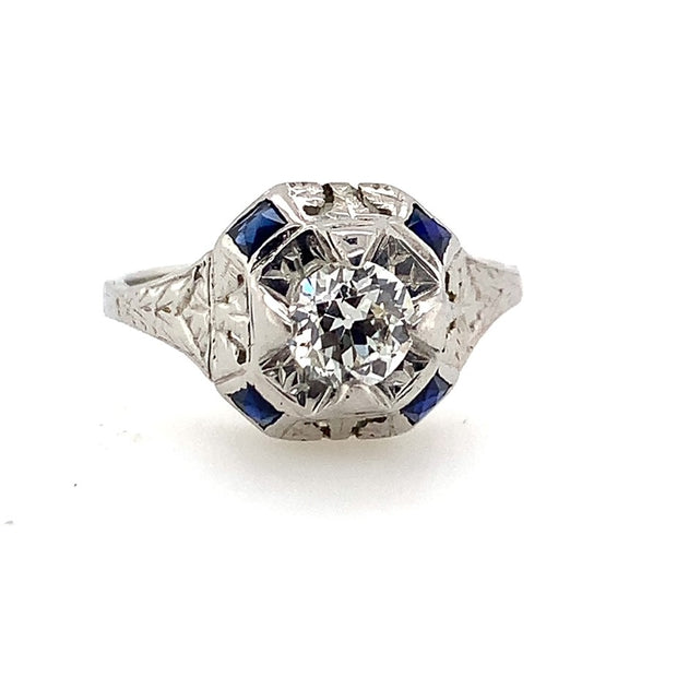 Art Deco Diamond and Sapphire Ring in 18 karat White Gold