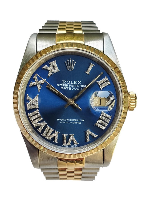 Pre-Owned Rolex Datejust with Blue Roman Numberal Diamond Dial in Stainless and 18 kt Yellow Gold