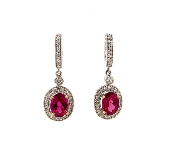 Pink Tourmaline and Diamond Drop Earrings in 14 kt White Gold