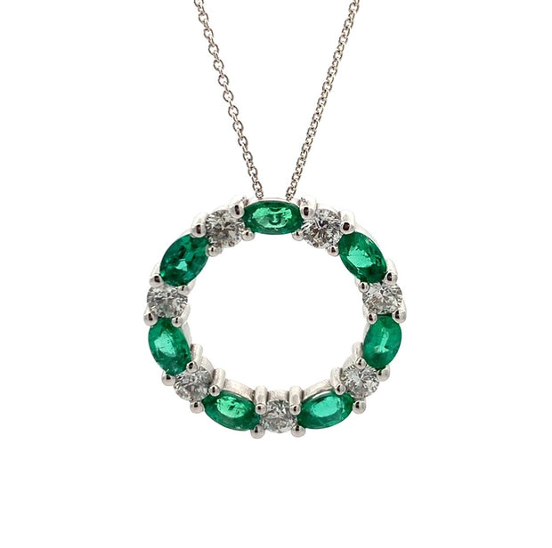 Emerald and Diamond Circle Pendant in 14 kt White Gold