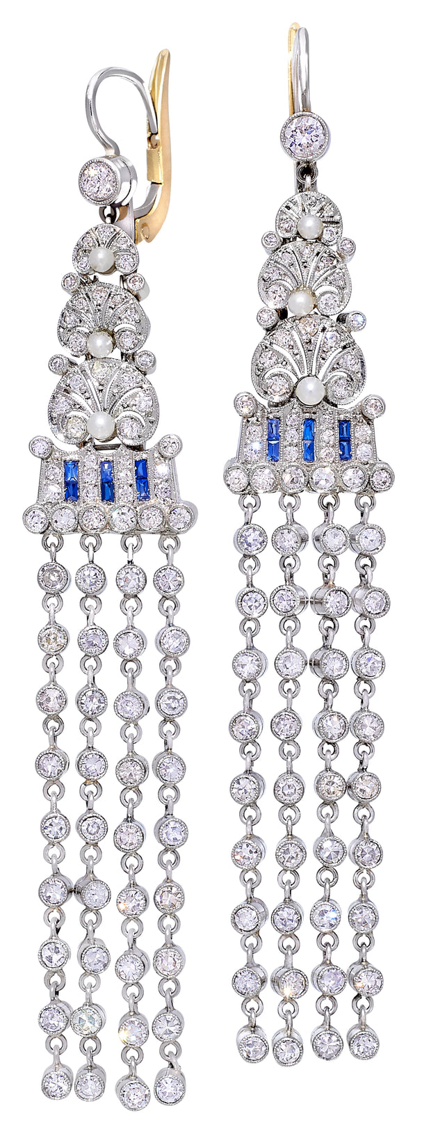 Art Deco Diamond, Sapphire and Pearl Earrings in Platinum and 18 kt gold