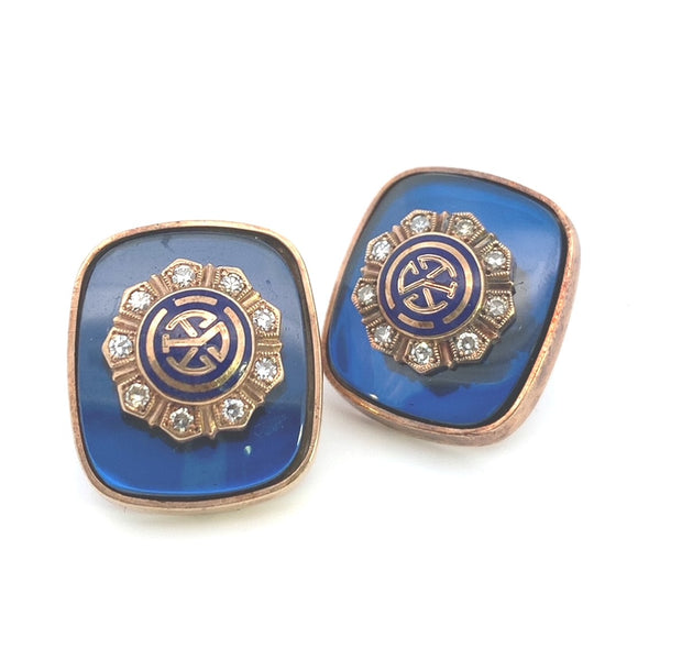 Blue Stone, Enamel and Rose Cut Diamond Earrings in 10 kt Yellow Gold