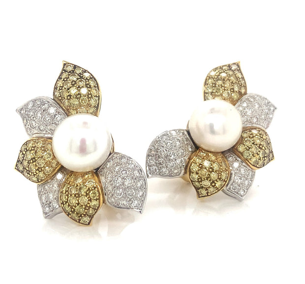 Pearl, Yellow Sapphire and Diamond Earrings in 18 kt White and Yellow Gold