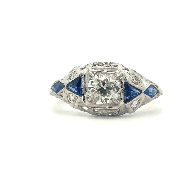 Old European Cut Diamond and Sapphire Ring in 14 kt White Gold