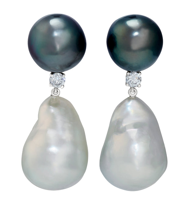 South Sea and Tahitian Pearl and Diamond Earrings in 18 kt white gold