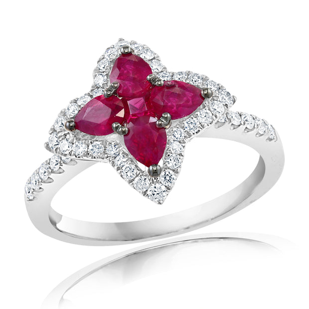 Ruby and Diamond Quatrefoil Style Ring in 18 kt White Gold