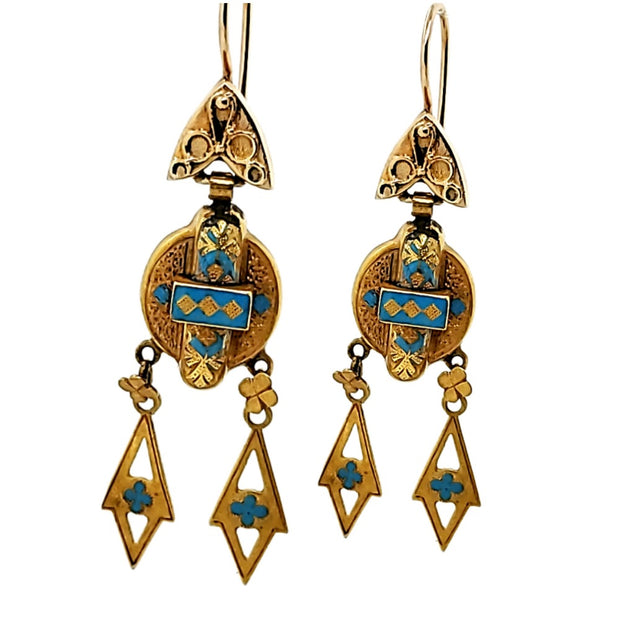 Antique Blue Enamel Drop Earrings in 14 kt Yellow Gold