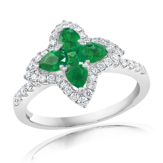 Emerald and Diamond Quatrefoil Style Ring in 18 kt white gold