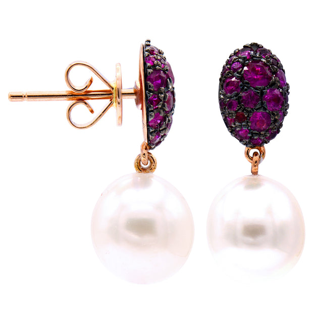 Ruby and South Sea Pearl Earrings in 18 kt Rose Gold