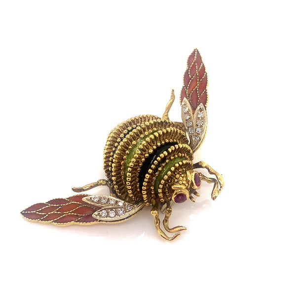Vintage Bee Pin with Rubies, Diamonds and Enamel in 19 kt Yellow Gold