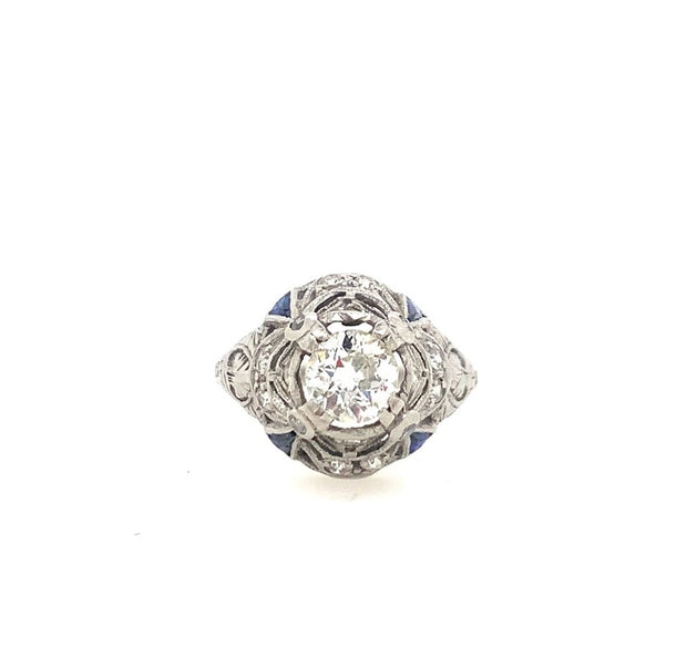 Antique Old Mine Cut Diamond and Sapphire Ring in Platinum