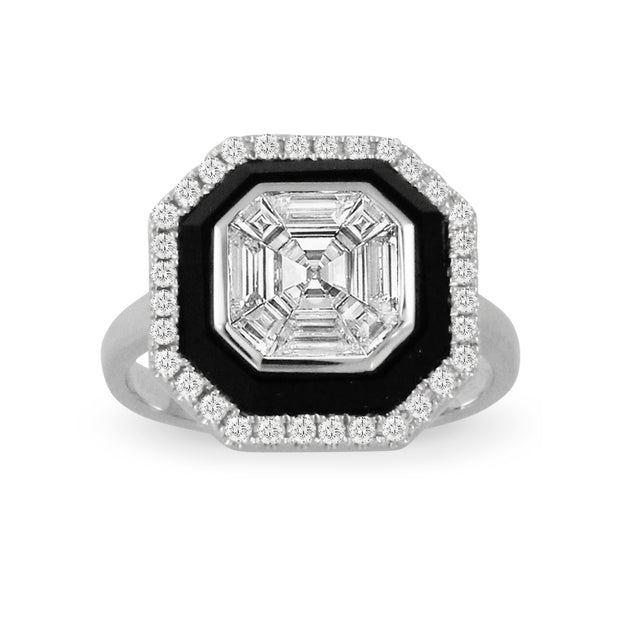 Doves by Doron Paloma Art Deco Style Diamond and Onyx Ring in 18 kt white gold