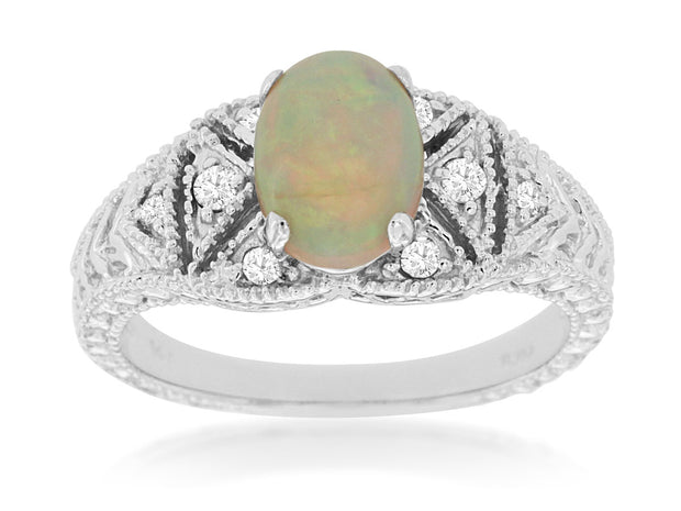 Opal and Diamond Ring in 14 kt white gold